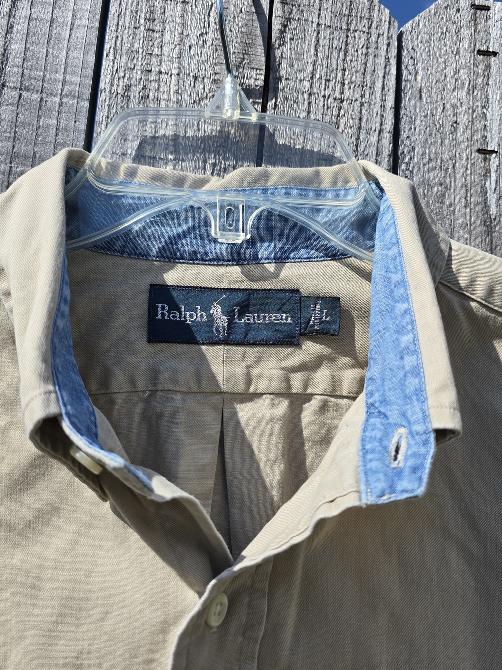 Ralph Lauren Shirt Mens Large Beige Button Down Long Sleeve Pony Logo Casual - Picture 3 of 10